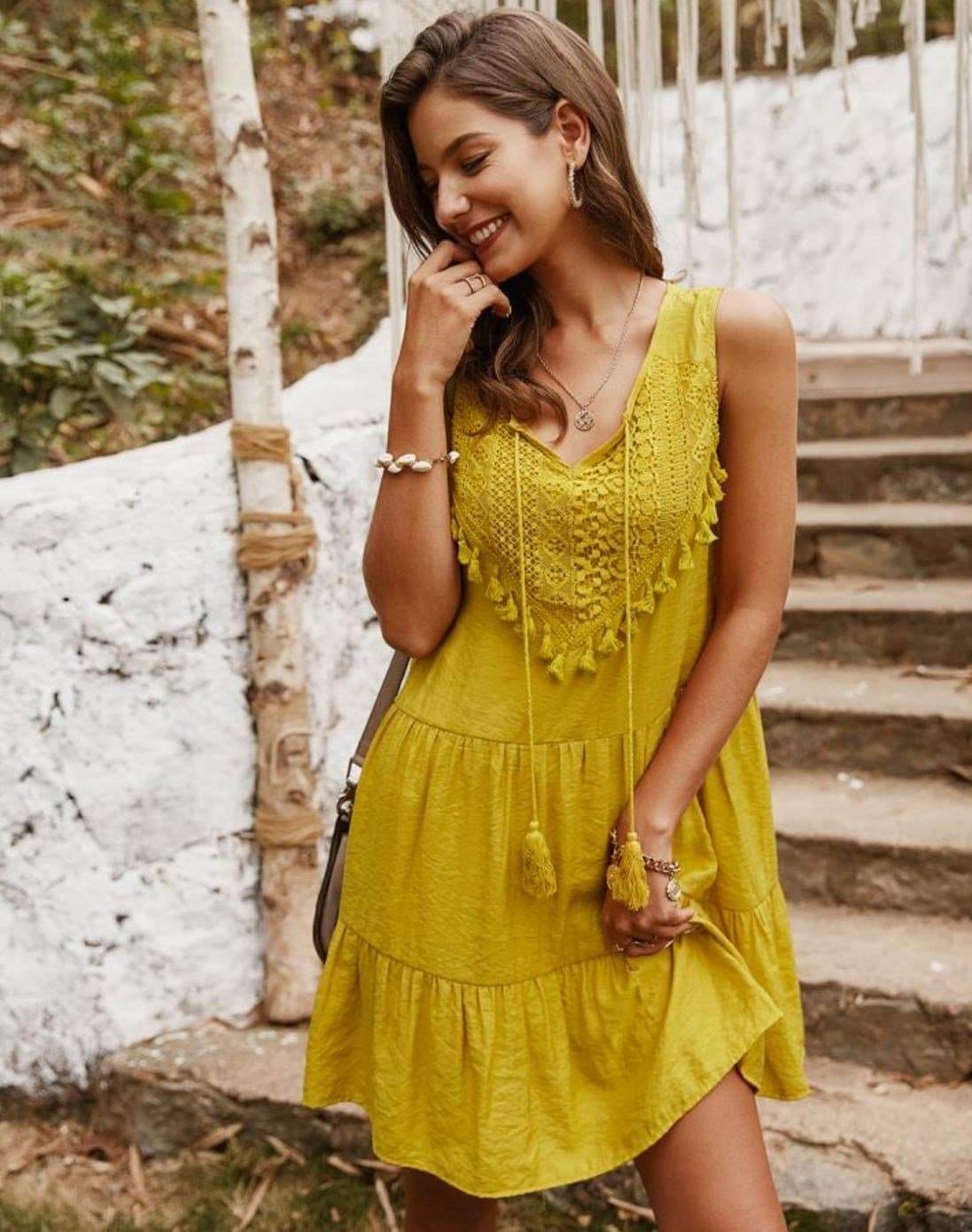 Boho Sleeveless Tunic Dress A Line Sweetheart Neck with Tassels for Women | Wholesale Anna-Kaci Wholesale Boho Sleeveless Tunic Dress A Line Sweetheart Neck with Tassels for Women | Wholesale Anna-Kaci Wholesale