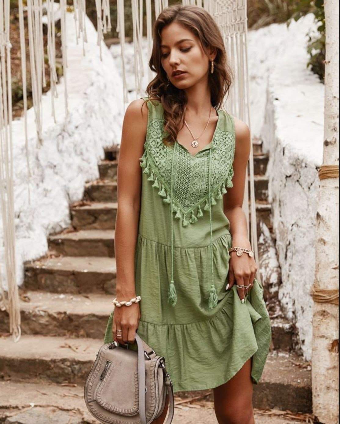 Anna-Kaci Boho Sleeveless Tunic Dress A Line Sweetheart Neck with Tassels for Women Kelly Green / Small 0-4