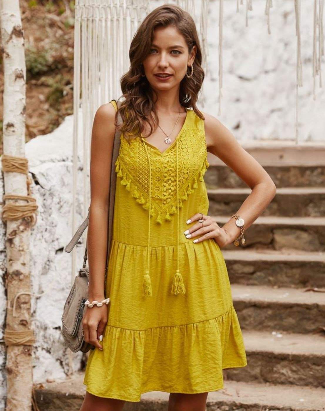 Anna-Kaci Boho Sleeveless Tunic Dress A Line Sweetheart Neck with Tassels for Women Sunrise Yellow / Small 0-4