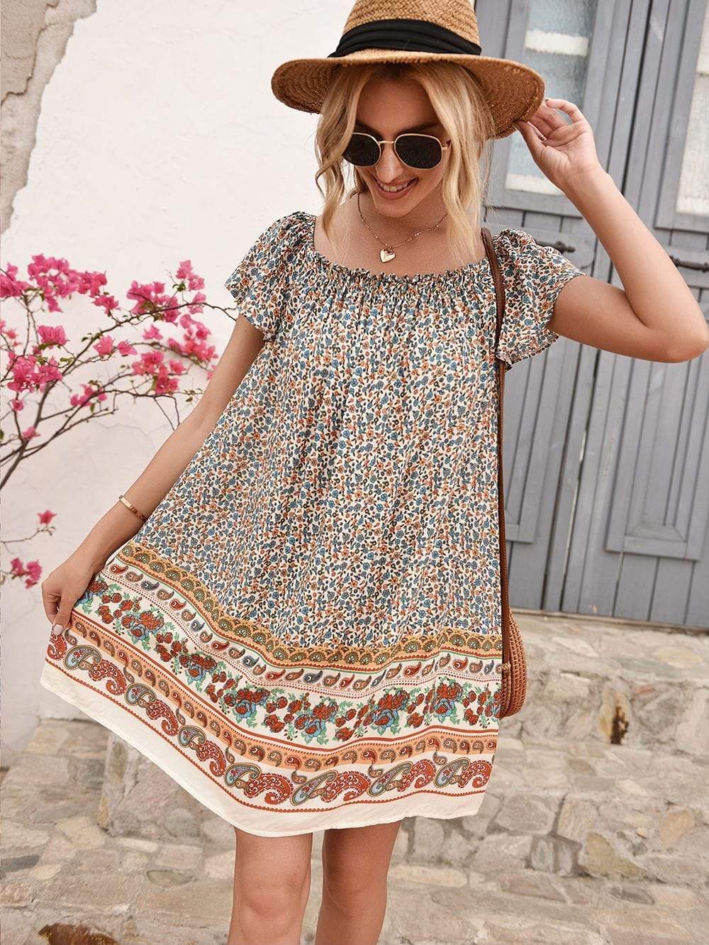 Anna-Kaci Boho Versatile Off Shoulder Floral Print Tunic Dress Square Neck for Women