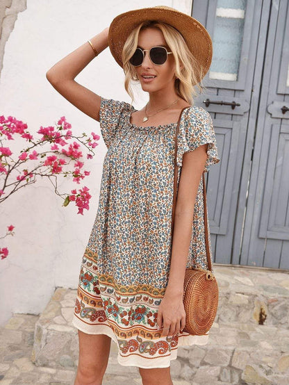 Anna-Kaci Boho Versatile Off Shoulder Floral Print Tunic Dress Square Neck for Women Large 8-10 / Beige