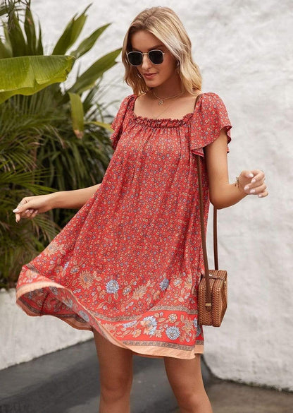 Anna-Kaci Boho Versatile Off Shoulder Floral Print Tunic Dress Square Neck for Women Large 8-10 / Red