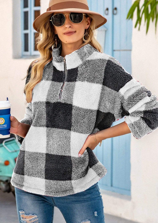 Anna-Kaci Buffalo Plaid Patterned Fluffy Fleece Quarter Zip Jacket for Women