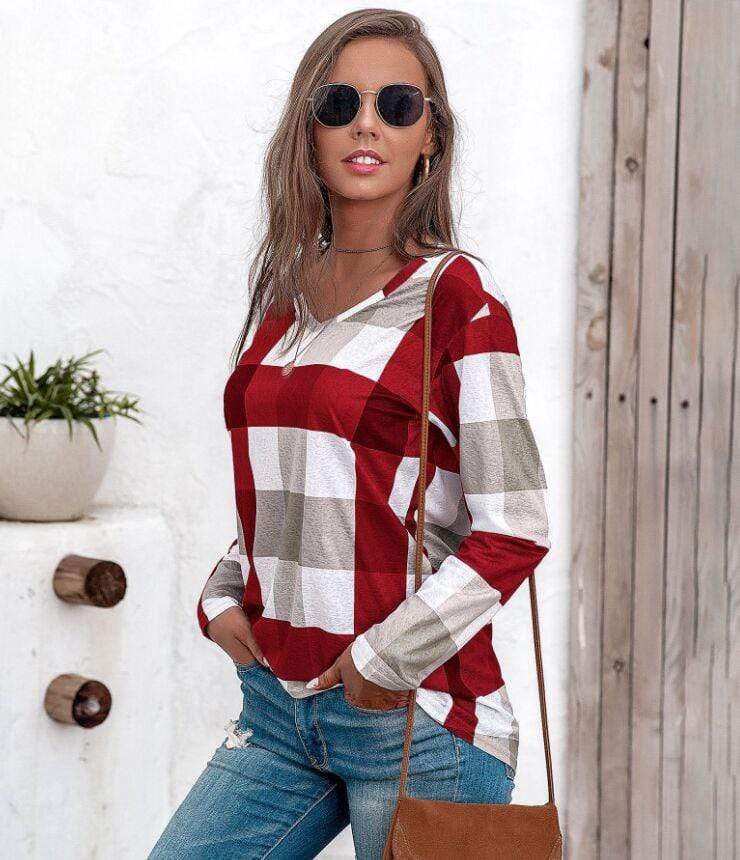 Anna-Kaci Buffalo Plaid Print V Neck Long Sleeve Casual Simple Top for Women