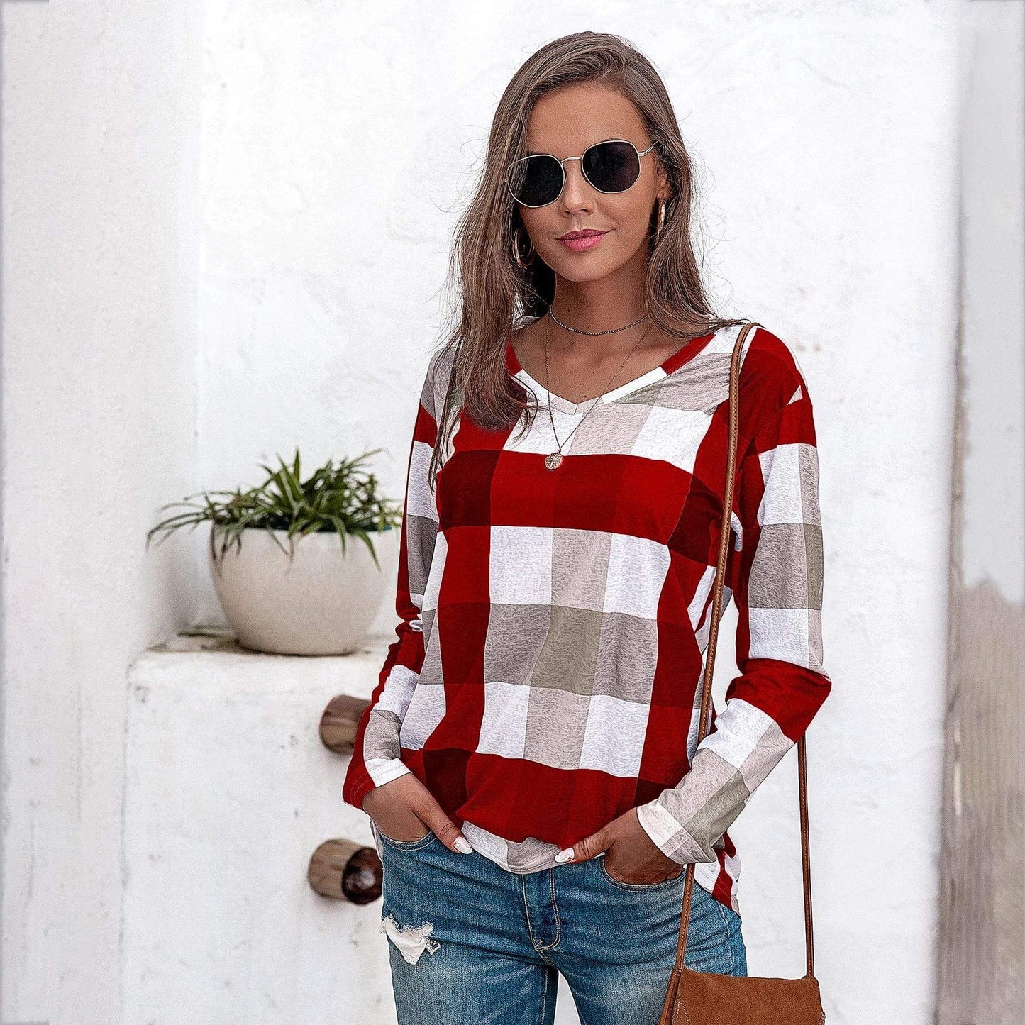 Anna-Kaci Buffalo Plaid Print V Neck Long Sleeve Casual Simple Top for Women Large 8-10 / Red