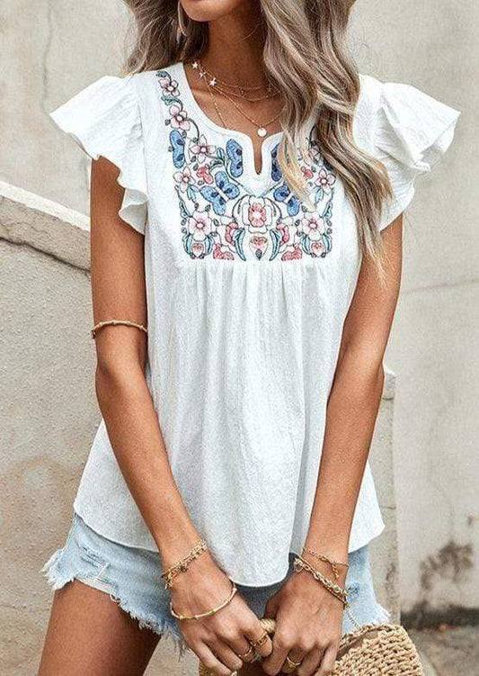 Anna-Kaci Butterfly Floral Print Yoke Ruffle Short Sleeve Blouse for Women
