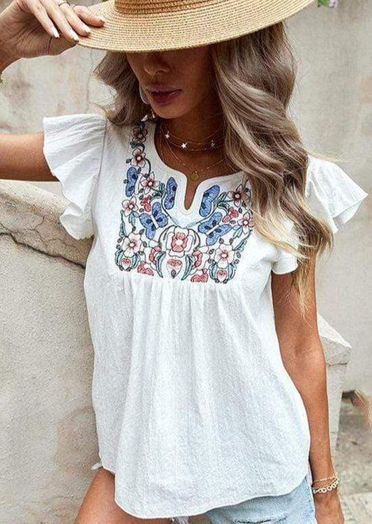 Anna-Kaci Butterfly Floral Print Yoke Ruffle Short Sleeve Blouse for Women Small 0-4 / White
