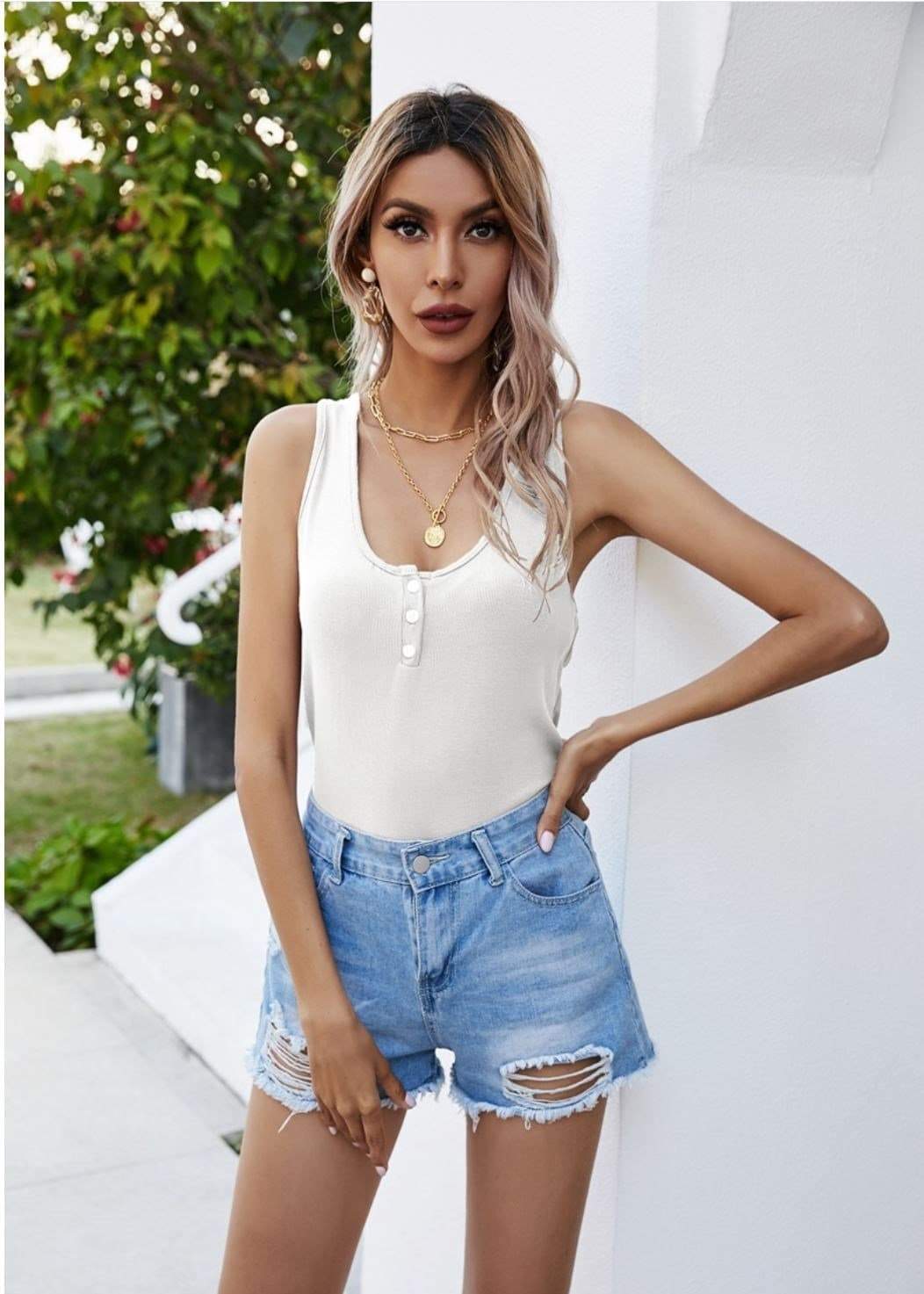 Anna-Kaci Button Down Rib Tank Top U Neck Sleeveless Solid Basic Top