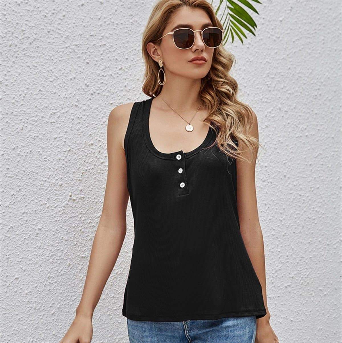 Anna-Kaci Button Down Rib Tank Top U Neck Sleeveless Solid Basic Top