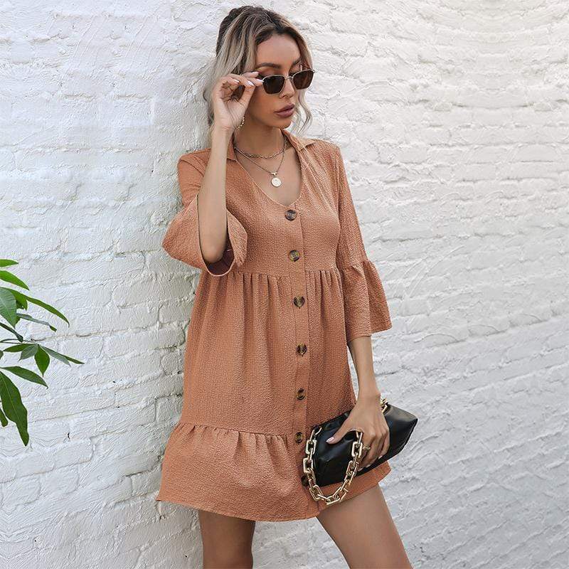 Anna-Kaci Button Down Ruffle Tier Oversized Mini Dress XL 10-12 / Tan