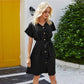 Anna-Kaci Button Down Short Flounce Sleeve Ribbon Belt Dress for Women L / Black