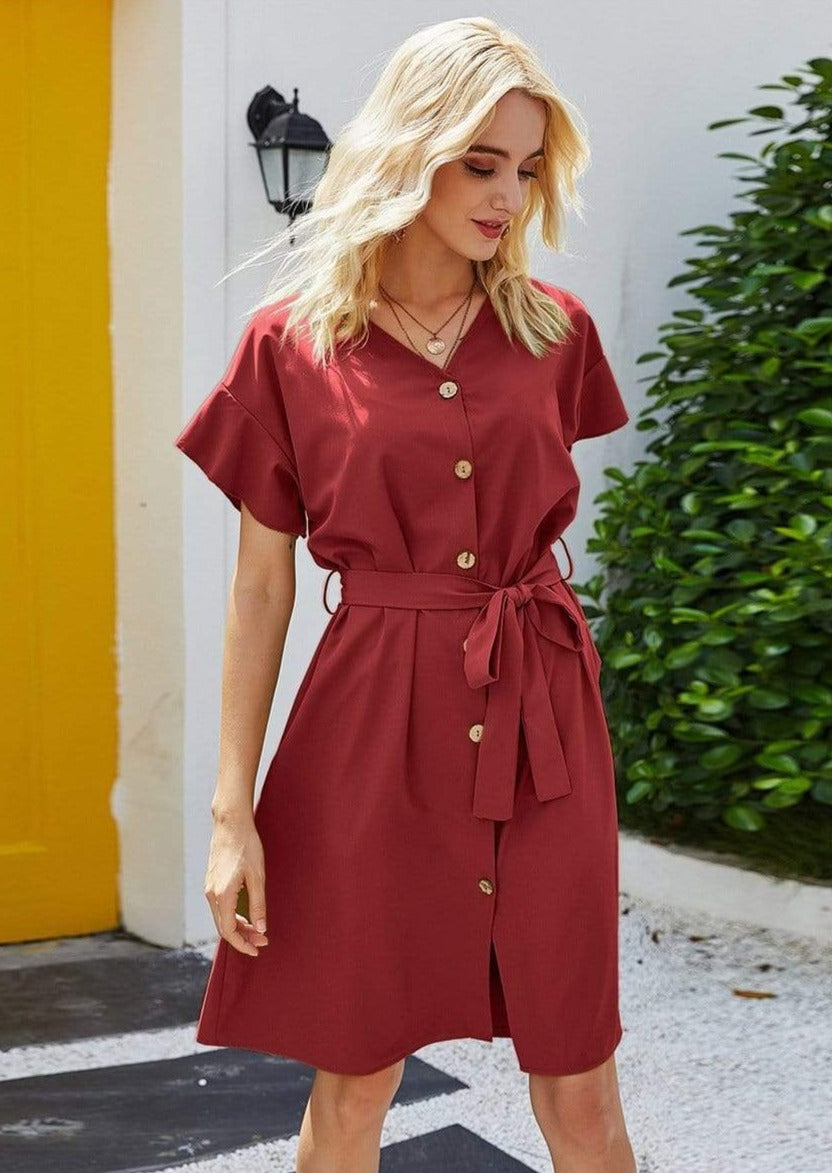 Anna-Kaci Button Down Short Flounce Sleeve Ribbon Belt Dress for Women L / Burgundy