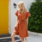 Anna-Kaci Button Down Short Flounce Sleeve Ribbon Belt Dress for Women L / Orange