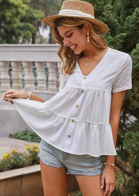 Anna-Kaci Button Down V Neck Lace Knit Short Sleeve Summer Blouse for Women Small 0-4