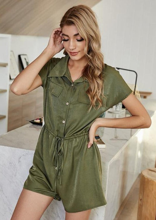 Anna-Kaci Button Front Collared Dual Pocket Flap Tied Waist Romper for Women Large 8-10 / Olive Green