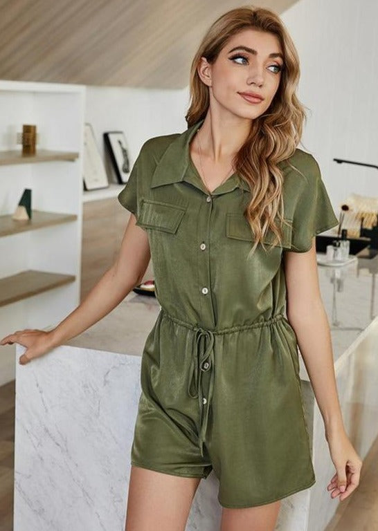 Anna-Kaci Button Front Collared Dual Pocket Flap Tied Waist Romper for Women