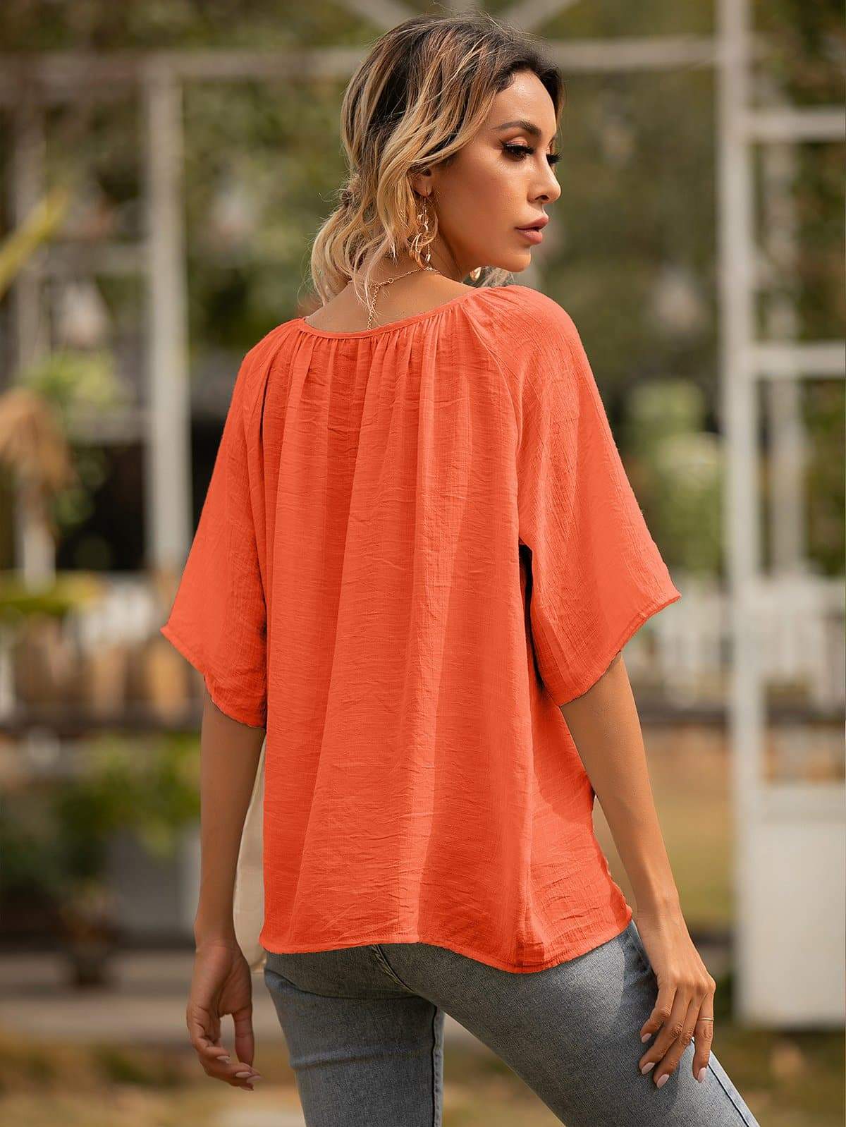 Anna-Kaci Button Front Gathered U Neck Short Sleeve Textured Blouse