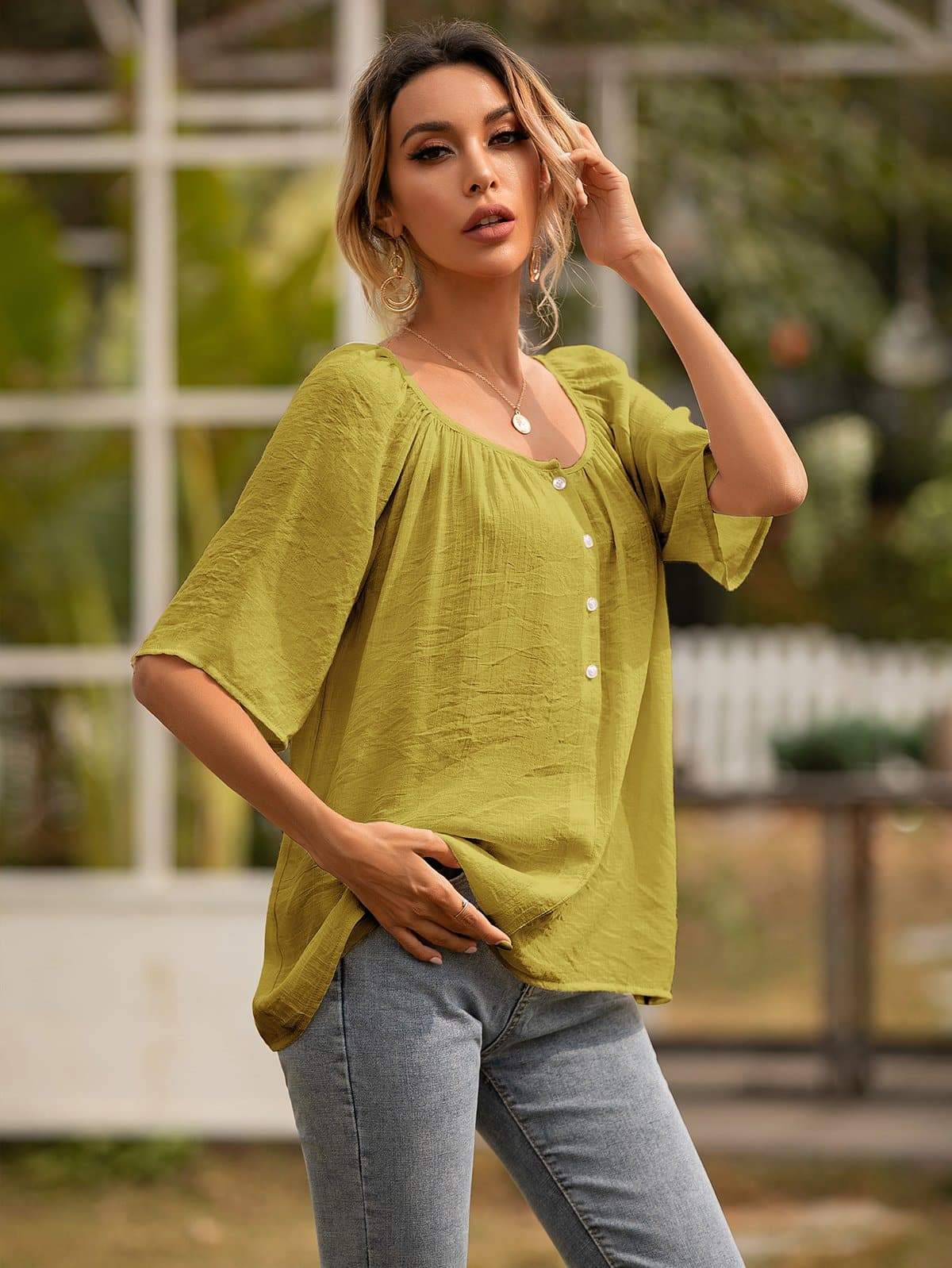 Anna-Kaci Button Front Gathered U Neck Short Sleeve Textured Blouse
