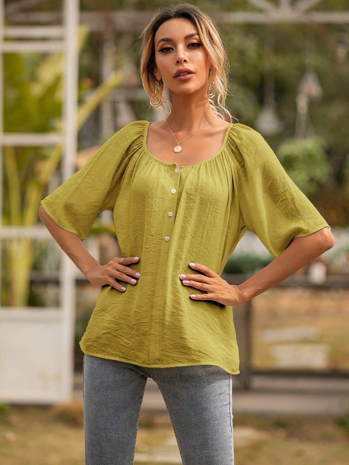 Anna-Kaci Button Front Gathered U Neck Short Sleeve Textured Blouse Small 0-4 / Lime Green