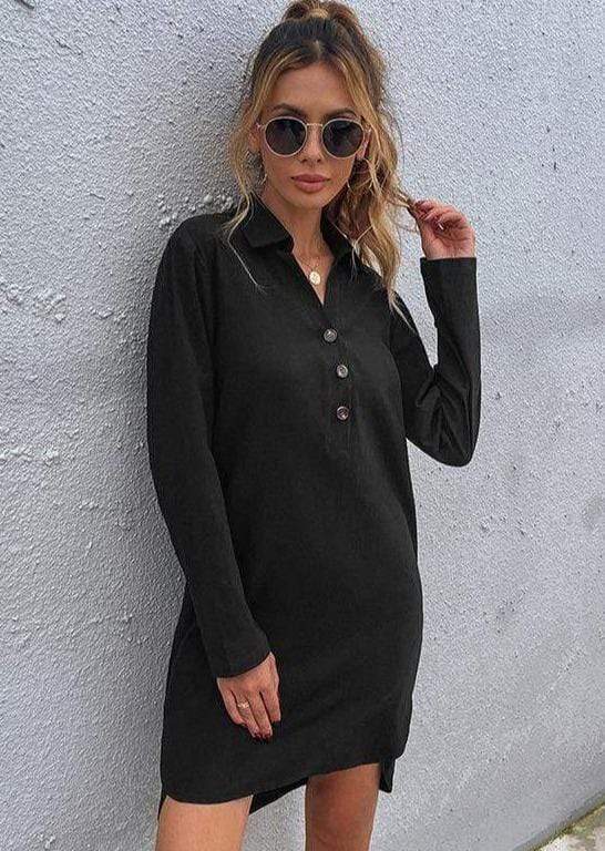 Anna-Kaci Button Up Collared Shirt Dress with Long Sleeves for Women Large 8-10 / Black