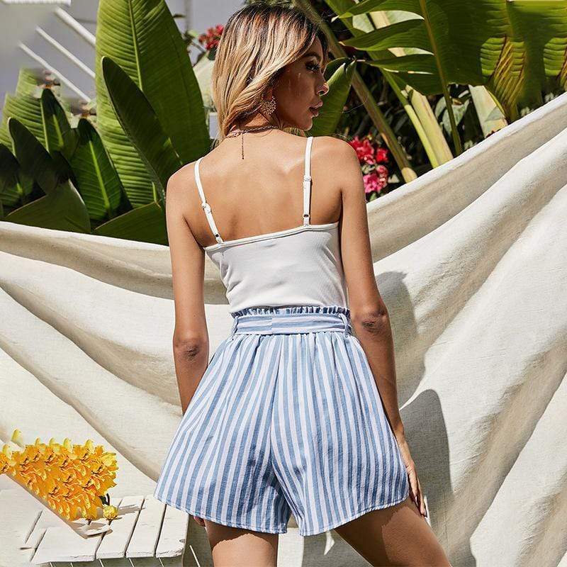 Anna-Kaci Cami Button Front Top and Blue Striped Tied Waist Shorts 2 Piece Set