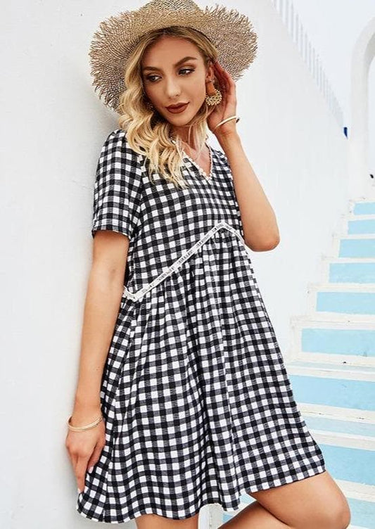 Anna-Kaci Checkered Print Dainty Tunic Ruffle A Line Dress Short Sleeve V Neckline