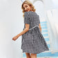 Anna-Kaci Checkered Print Dainty Tunic Ruffle A Line Dress Short Sleeve V Neckline