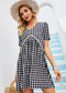 Anna-Kaci Checkered Print Dainty Tunic Ruffle A Line Dress Short Sleeve V Neckline