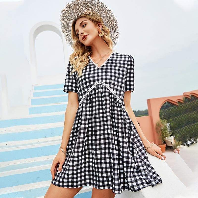 Anna-Kaci Checkered Print Dainty Tunic Ruffle A Line Dress Short Sleeve V Neckline Small 0-4