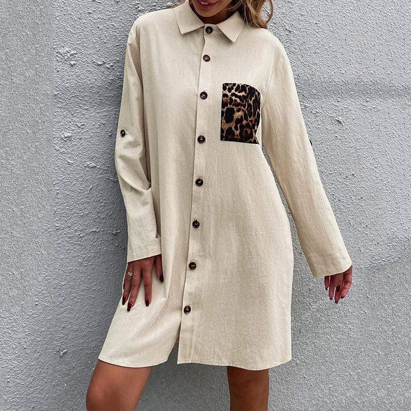 Anna-Kaci Cheetah Pocket Button Collared Tunic Dress Long Sleeve Mid Thigh Length