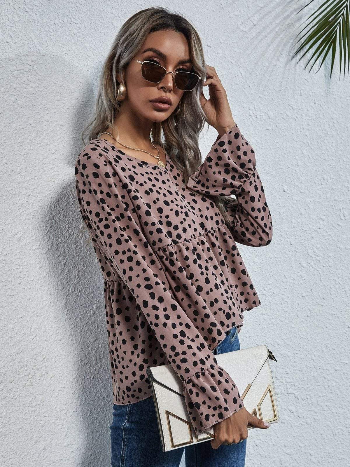 Anna-Kaci Cheetah Print Long Ruffle Sleeve Soft Peplum Blouse for Women