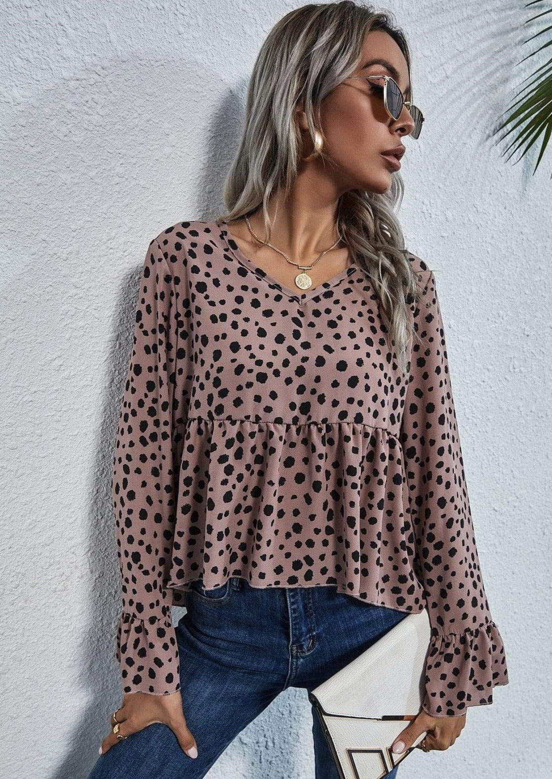 Anna-Kaci Cheetah Print Long Ruffle Sleeve Soft Peplum Blouse for Women