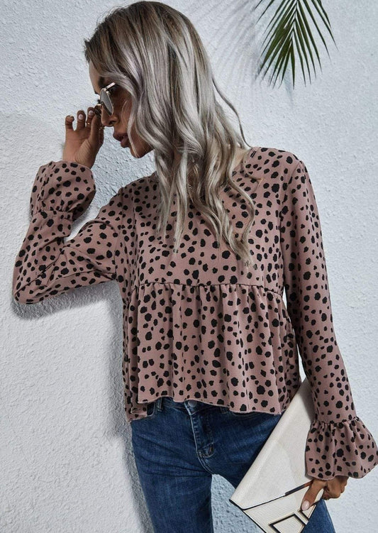 Anna-Kaci Cheetah Print Long Ruffle Sleeve Soft Peplum Blouse for Women