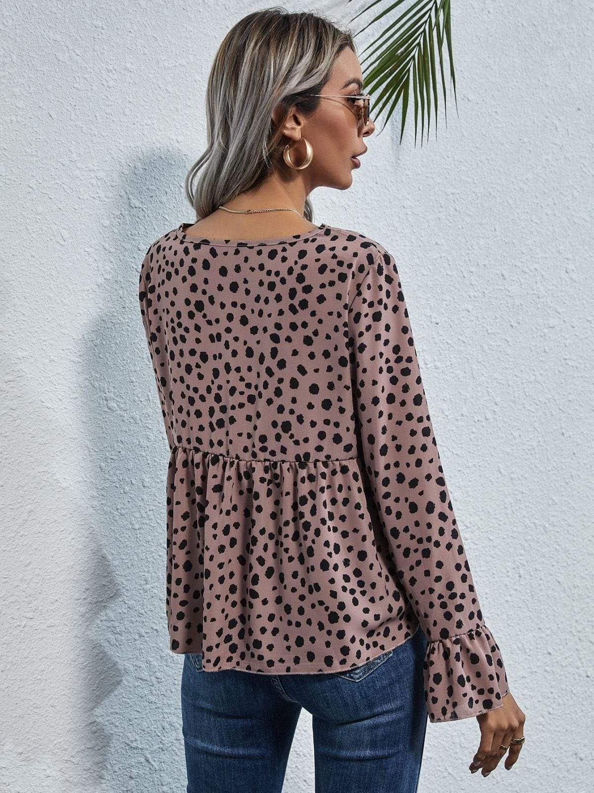 Anna-Kaci Cheetah Print Long Ruffle Sleeve Soft Peplum Blouse for Women Large 8-10 / MauvePink