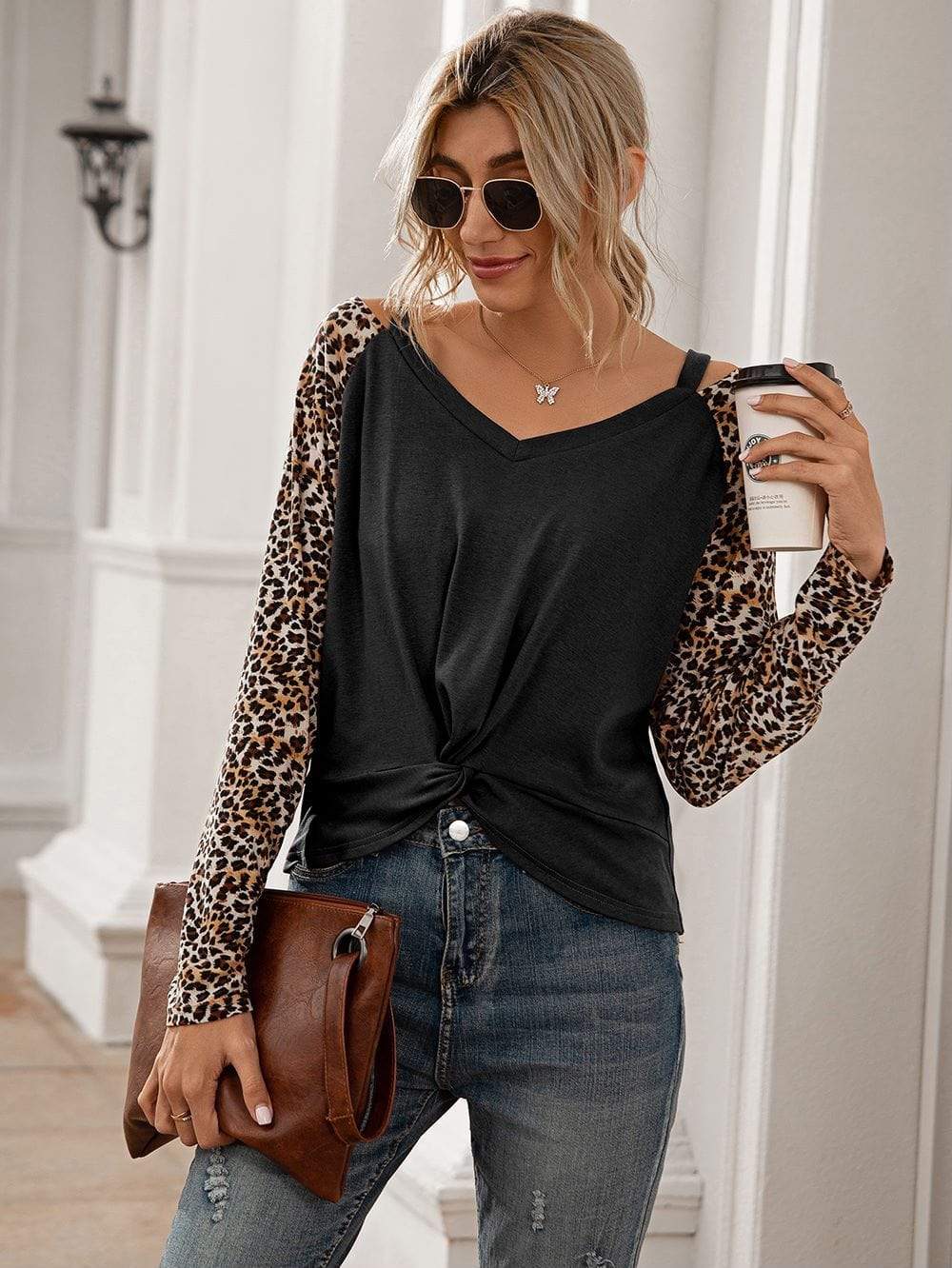 Anna-Kaci Cheetah Print Long Sleeve 2 Tone Top for Women