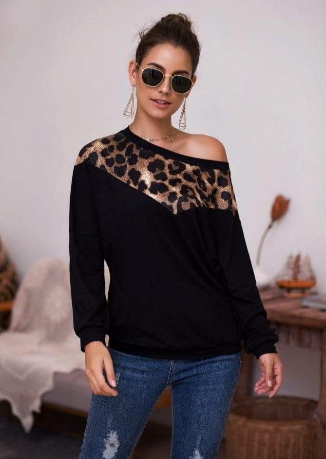 Anna-Kaci Cheetah Print Long Sleeve Boat Neck Long Sleeve Top Large 8-10 / Black