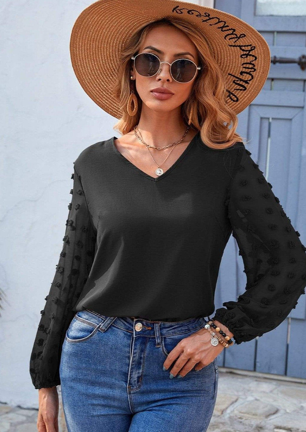 Anna-Kaci Clip Dot Long Sleeve Sheer V Neck Causal Blouse Top for Women