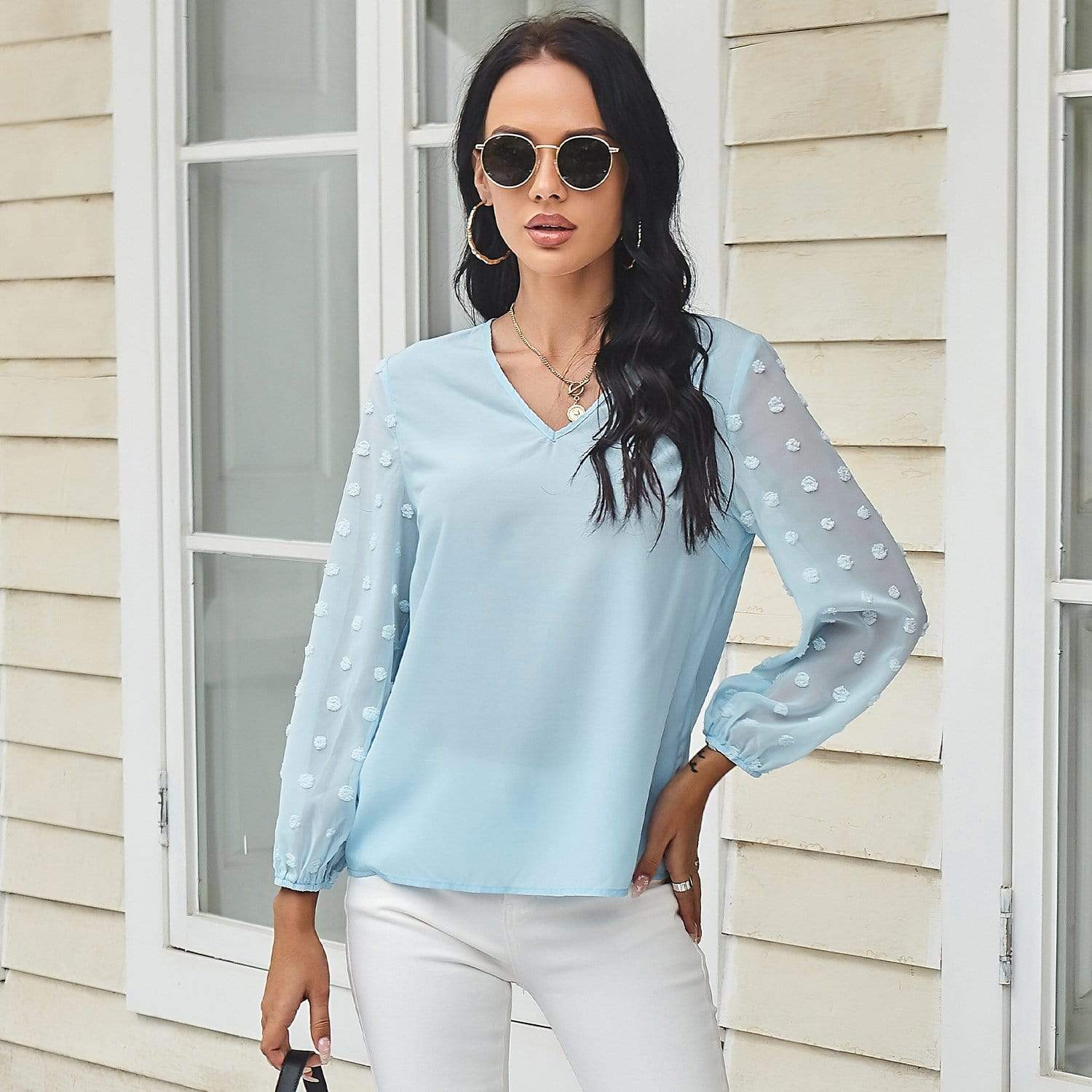 Anna-Kaci Clip Dot Long Sleeve Sheer V Neck Causal Blouse Top for Women