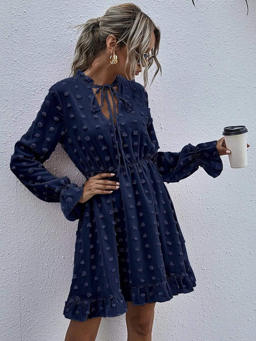 Anna-Kaci Clip Dot Long Sleeve Tunic Semi Sheer Swing Dress for Women