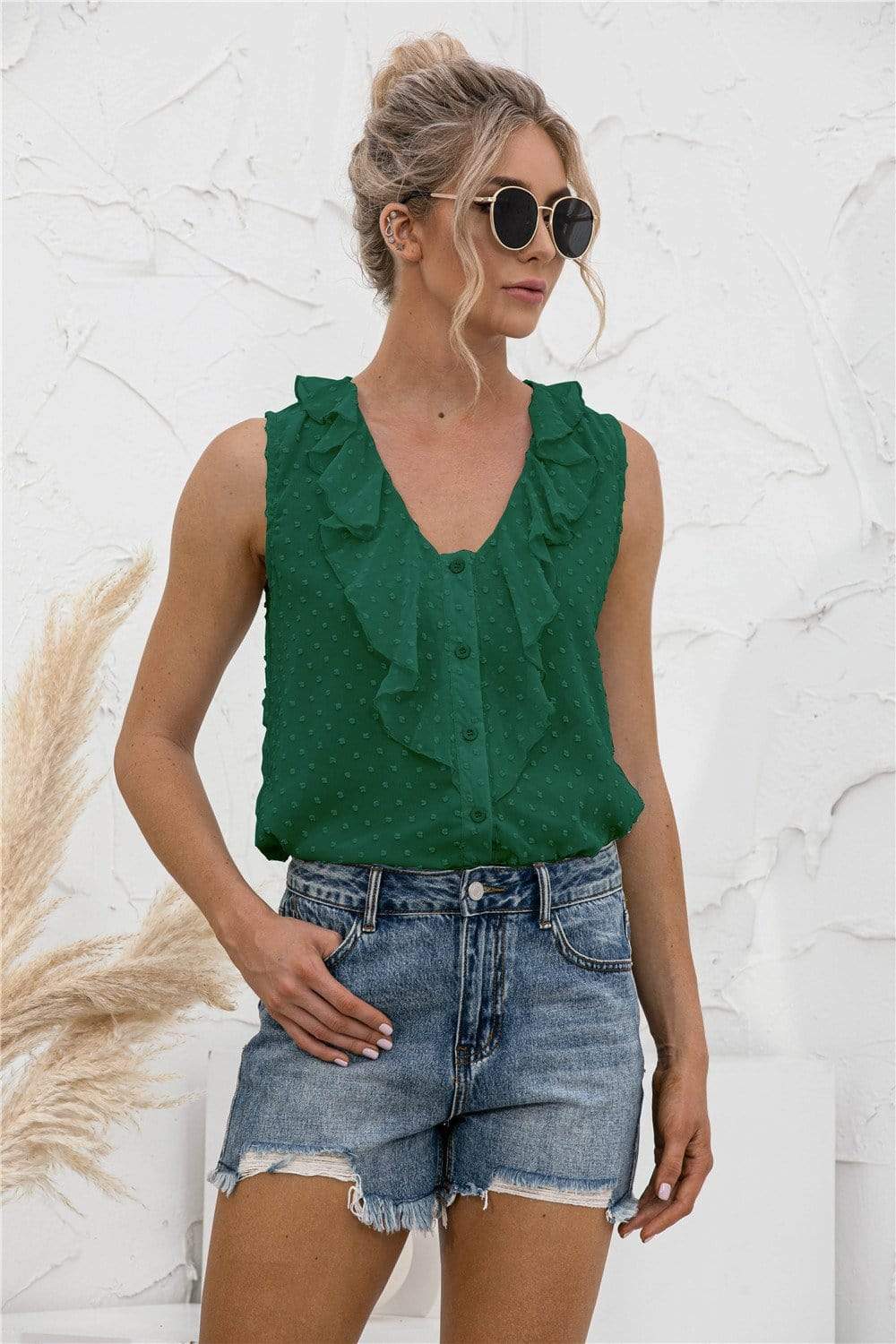 Anna-Kaci Clip Dot Ruffle Neck Button Front Tank Top for Women Large 8-10 / Deep Green