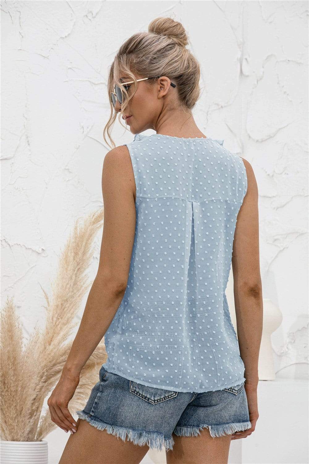 Anna-Kaci Clip Dot Ruffle Neck Button Front Tank Top for Women