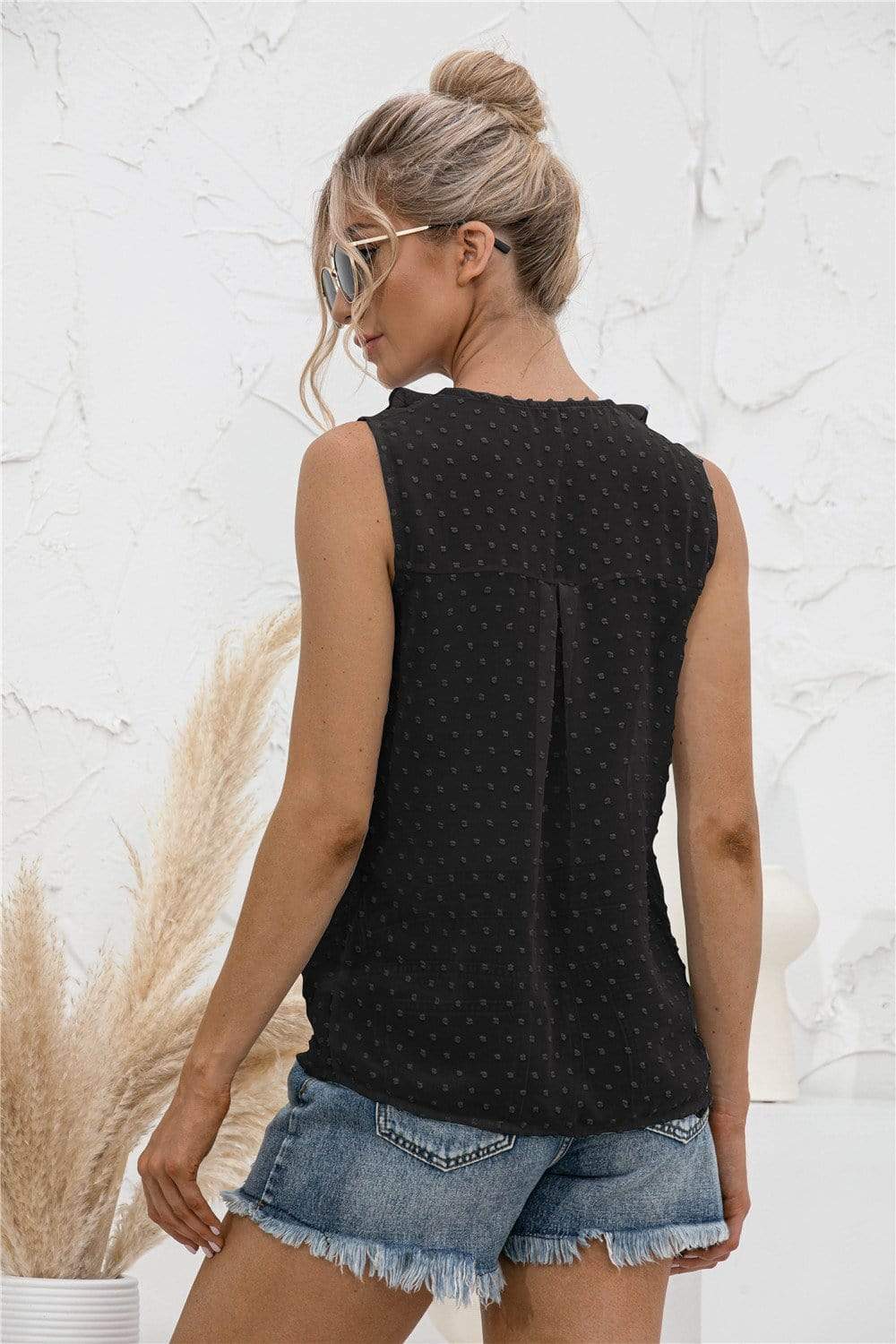 Anna-Kaci Clip Dot Ruffle Neck Button Front Tank Top for Women