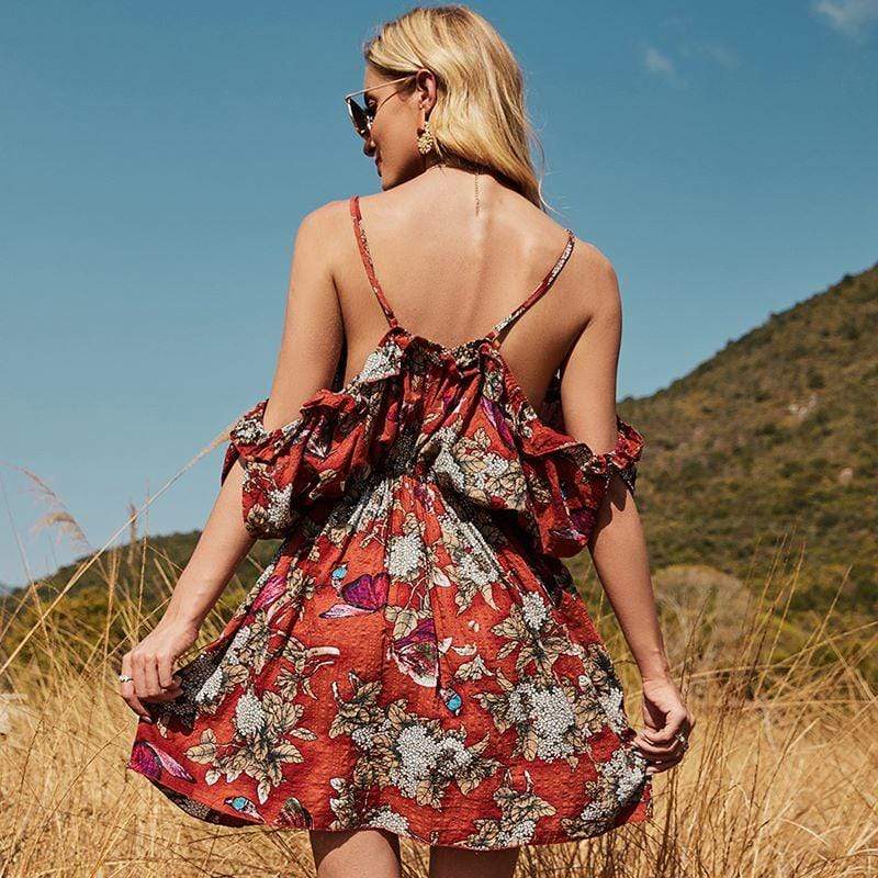 Anna-Kaci Cold Shoulder Cami Floral Swing Dress for Women 2XL 12-14 / Red