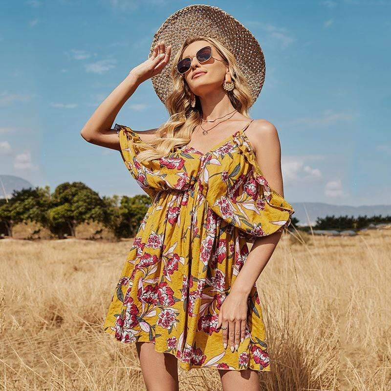 Anna-Kaci Cold Shoulder Cami Floral Swing Dress for Women 2XL 12-14 / Yellow