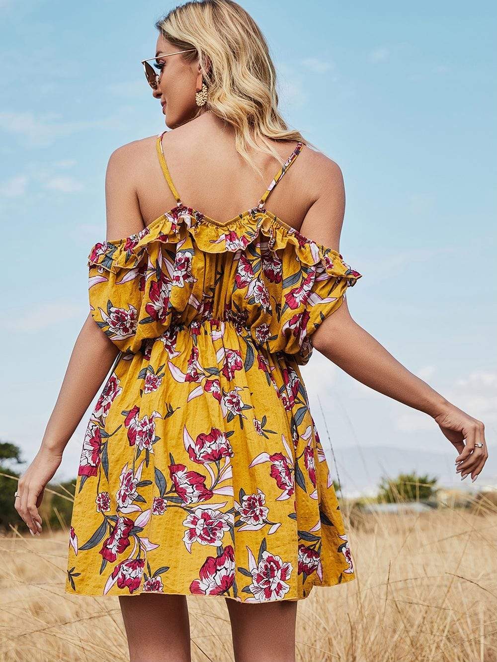 Anna-Kaci Cold Shoulder Cami Floral Swing Dress for Women