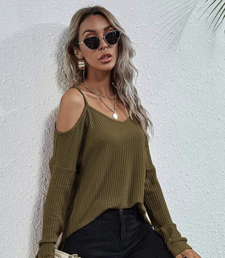 Anna-Kaci Cold Shoulder Long Sleeve Waffle Knit Loose Fitting Top for Women