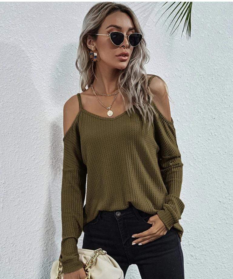 Anna-Kaci Cold Shoulder Long Sleeve Waffle Knit Loose Fitting Top for Women