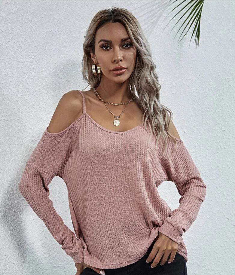 Anna-Kaci Cold Shoulder Long Sleeve Waffle Knit Loose Fitting Top for Women