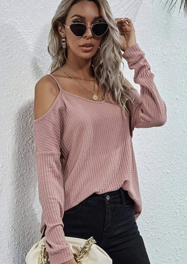 Anna-Kaci Cold Shoulder Long Sleeve Waffle Knit Loose Fitting Top for Women