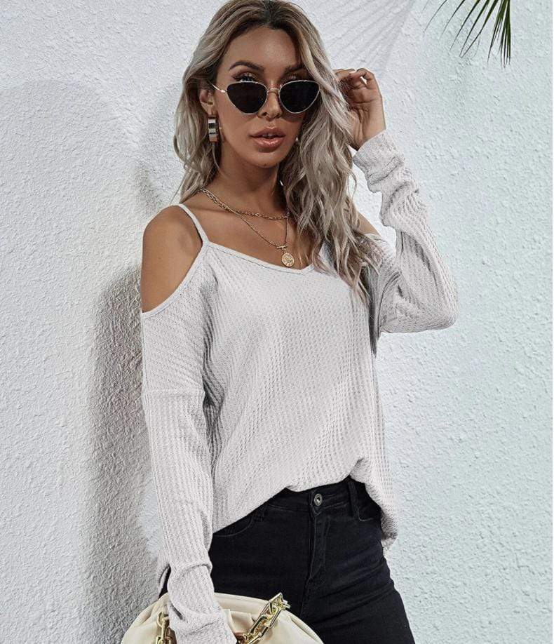 Anna-Kaci Cold Shoulder Long Sleeve Waffle Knit Loose Fitting Top for Women